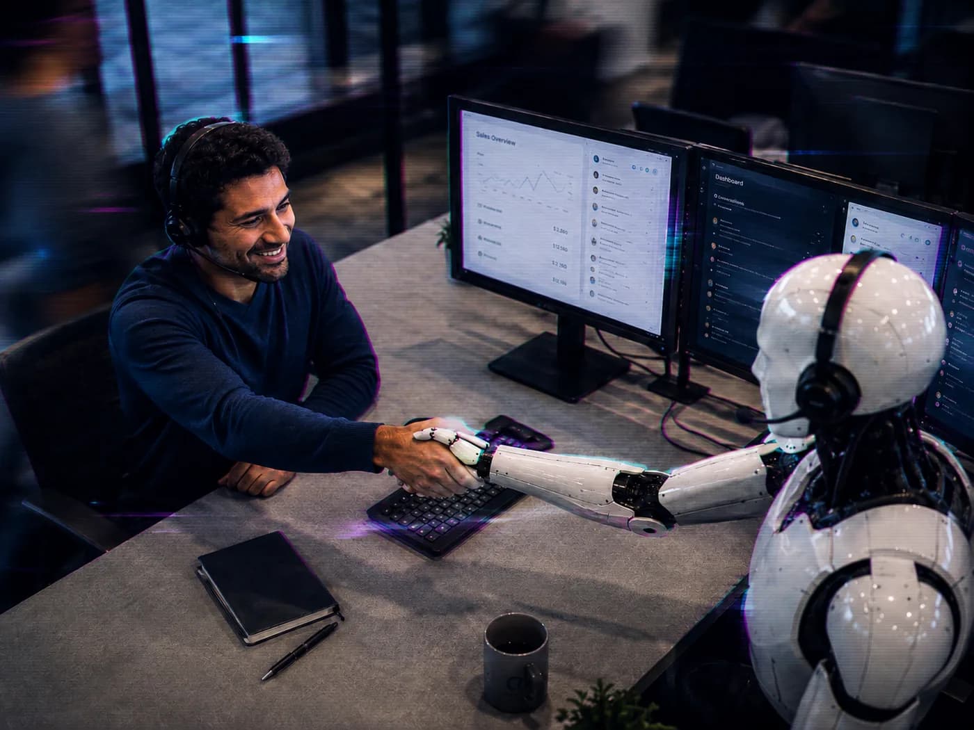 Human agent and humanoid figure shaking hands over a desk with the platform on the monitors