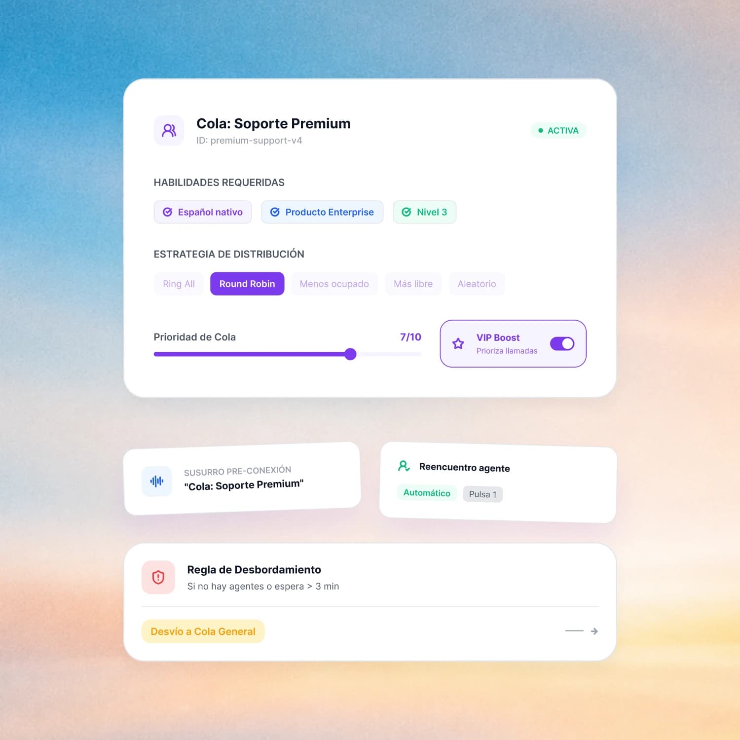 Inbound queue screen with the skills it requires, the routing strategy and the agents who match