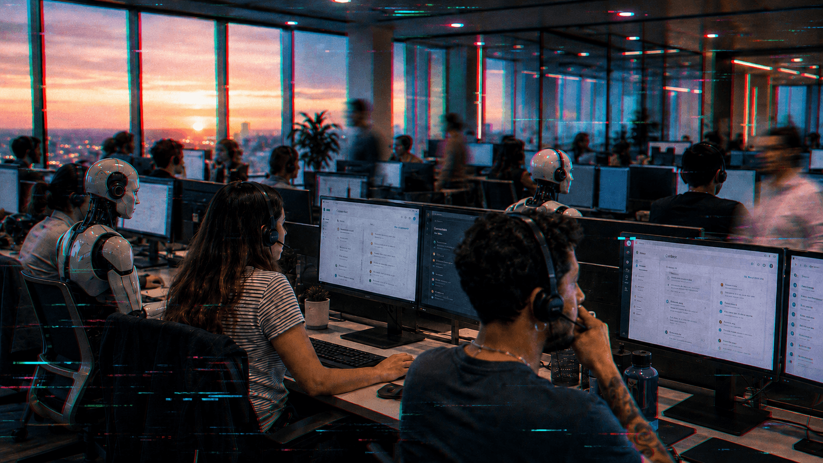 A contact center at dusk, with human agents and humanoid figures standing in for AI voice agents at their desks